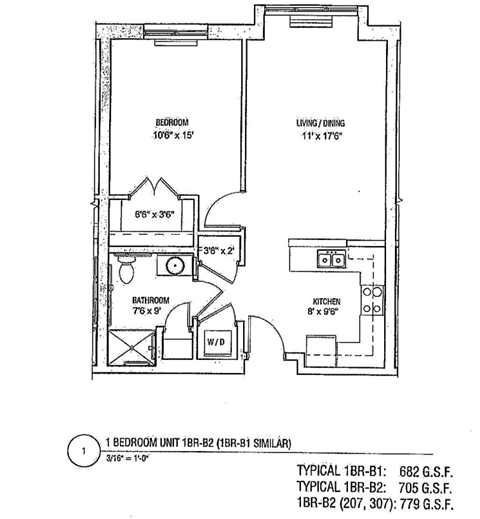 Floor plan for 1 bed, 1 bath, 705 sqft